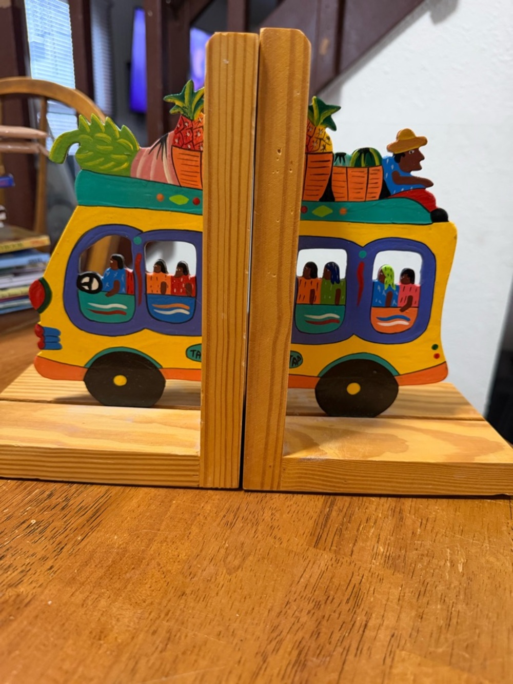 Colorful Wooden Folk Art Tour Bus Bookends